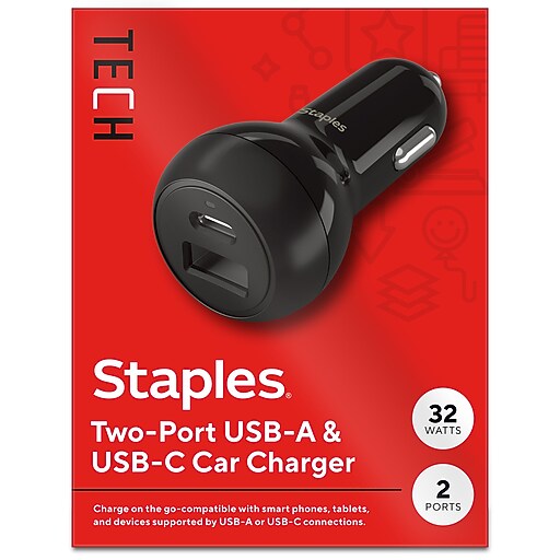 Staples TECH USBA/USBC Car Charger, Black (ST62340) Staples