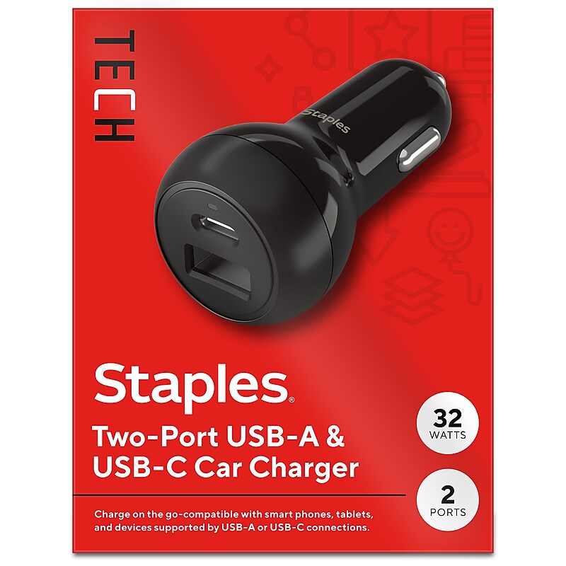 Staples TECH USB-A/USB-C Car Charger, 32W, Black (ST62340) image 1