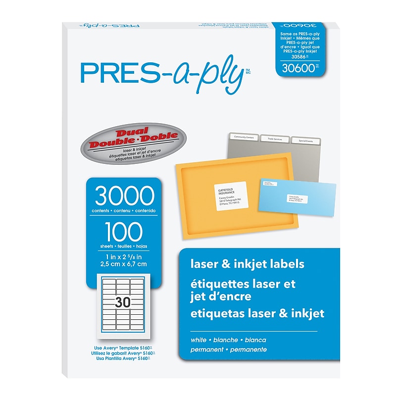 PRES-a-ply Laser/Inkjet Address Labels, 1" x 2-5/8", White, 3,000 Labels/Box (30600) image 1