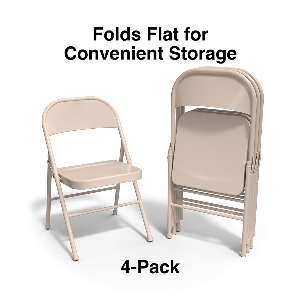 Folds flat for convenient storage with 4-pack of taupe folding chairs