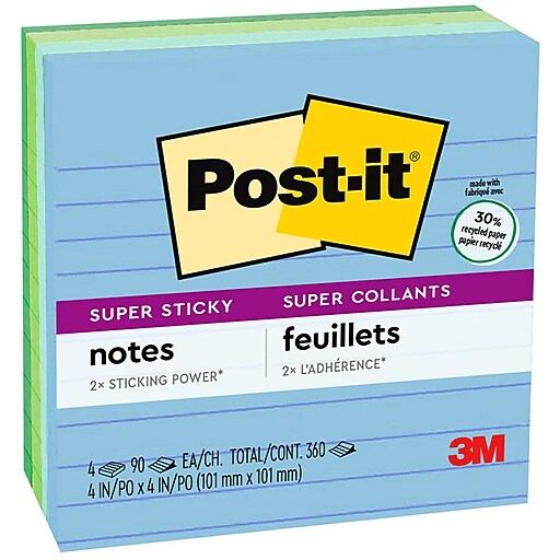 Postit Recycled Super Sticky Notes, 4" x 4", Bora Bora Collection