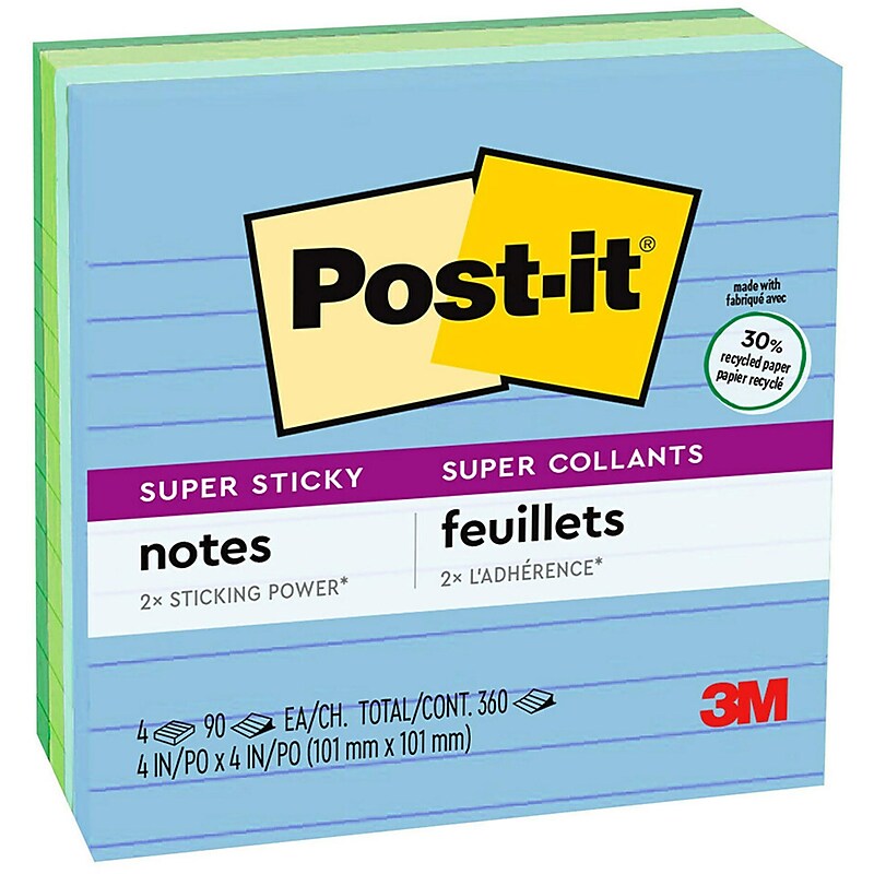 Post-it Recycled Super Sticky Notes, 4" x 4", Bora Bora Collection, Lined, 90 Sheet/Pad, 4 Pads/Pack (675-4SST) image 1