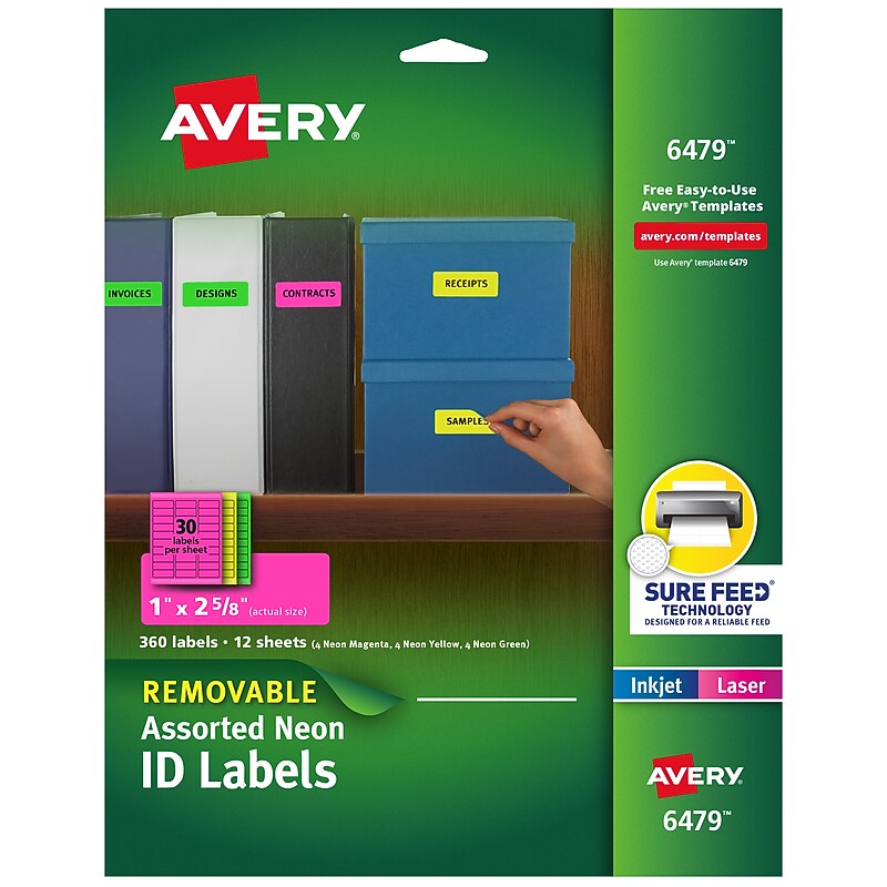Avery Sure Feed Laser/Inkjet Removable ID Labels, 1" x 2-5/8", Assorted Neon, 360 Labels/Pack (6479) image 1