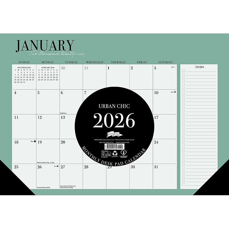 2026 Willow Creek Urban Chic 17" x 12" Monthly Desk Pad Calendar, Green (57179) image 1