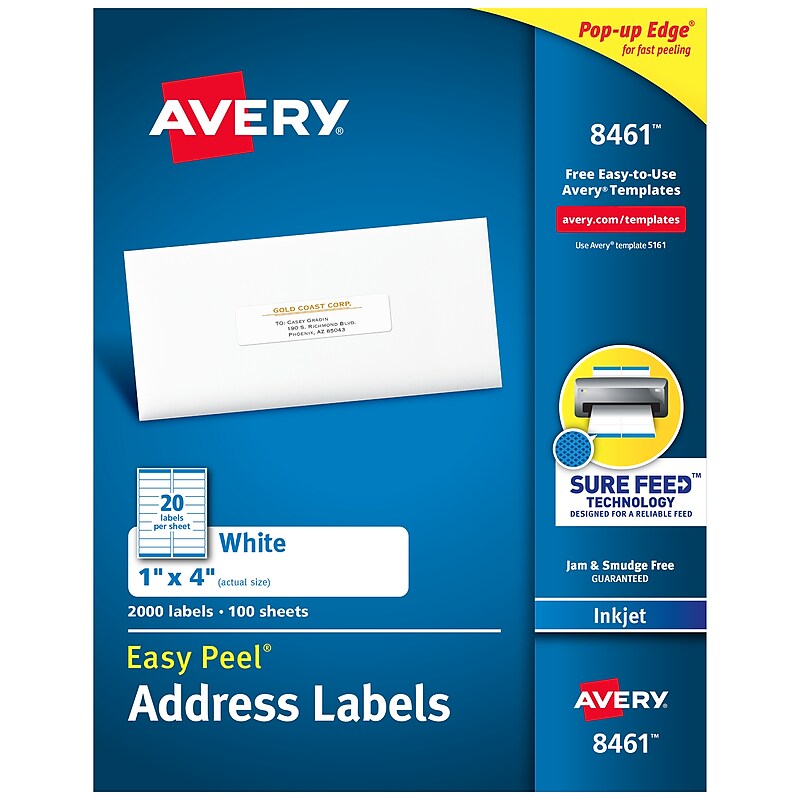 Avery Easy Peel Inkjet Address Labels, 1" x 4", White, 2,000 Labels/Box (8461) image 1