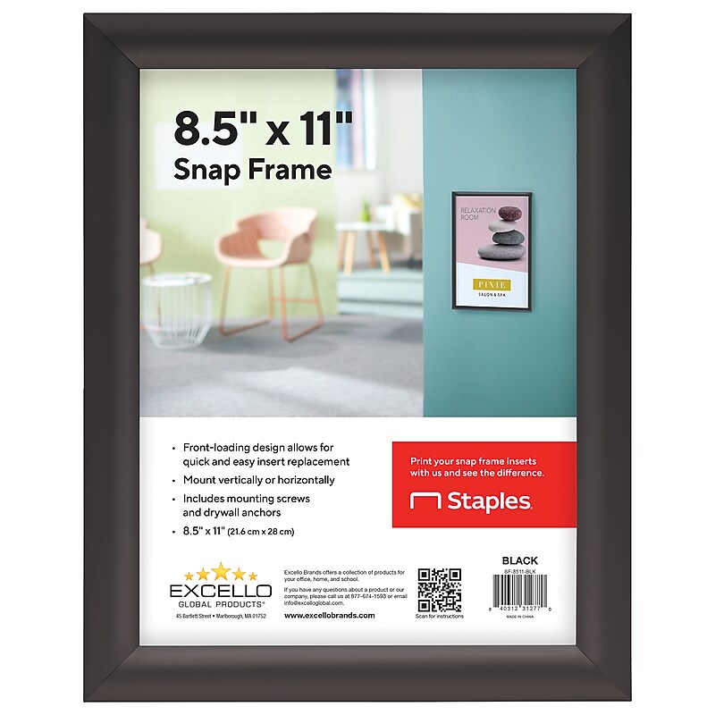 Excello Global Products Snap Frame Poster Holder, 8.5" x 11", Wall Mounted, Black Metal (SF-8511-BLK) image 1