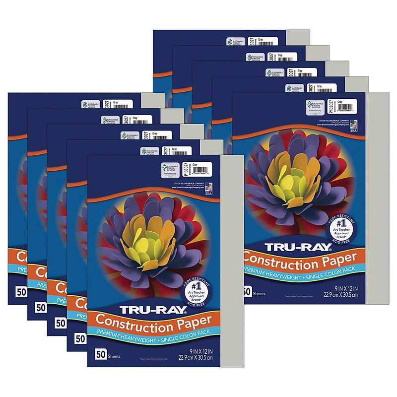 Tru-Ray 9" x 12" Construction Paper, Gray, 50 Sheets/Pack, 10 Packs/Bundle (PAC103027-10) image 1