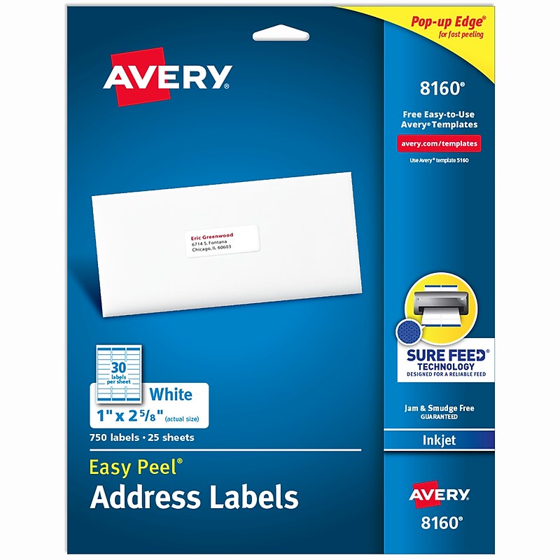 Avery Easy Peel Inkjet Address Labels, 1" x 2 5/8", Matte White, 750 Labels/Pack (8160) image 1