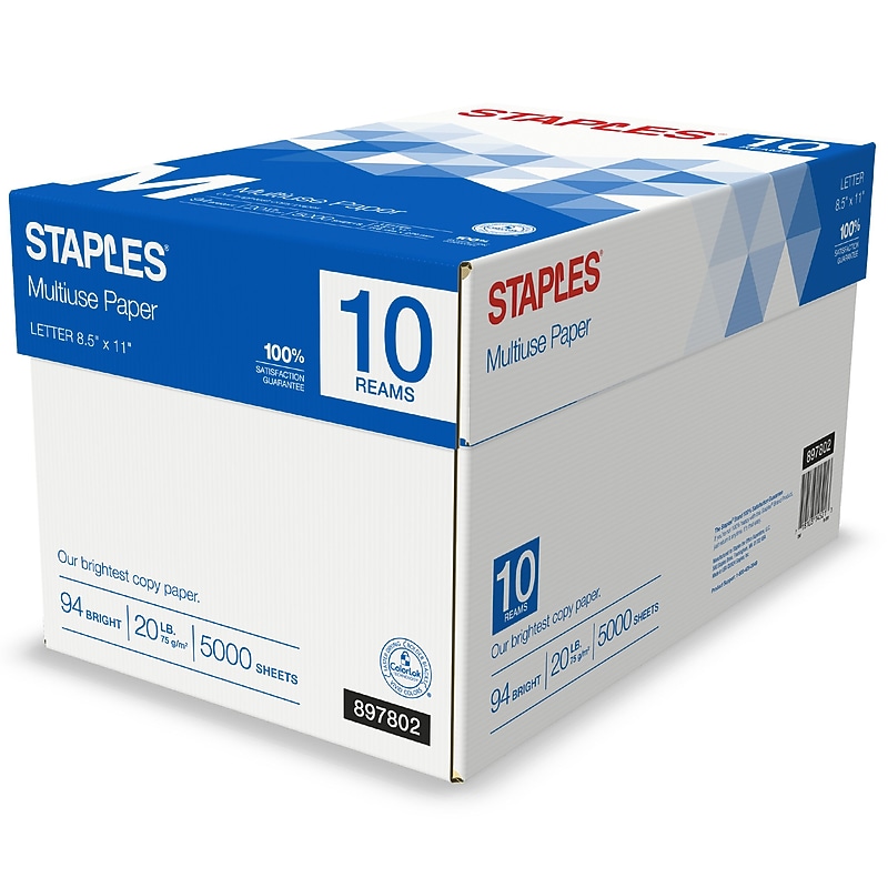 Staples Multiuse Copy Paper, 8.5" x 11", 20 lbs., 94 Brightness, 500 Sheets/Ream, 10 Reams/Carton (20472) image 1