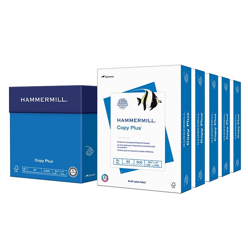 Hammermill Copy Plus 8.5" x 11" Copy Paper, 20 lbs., 92 Brightness, 500 Sheets/Ream, 5 Reams/Carton (105650) image 1