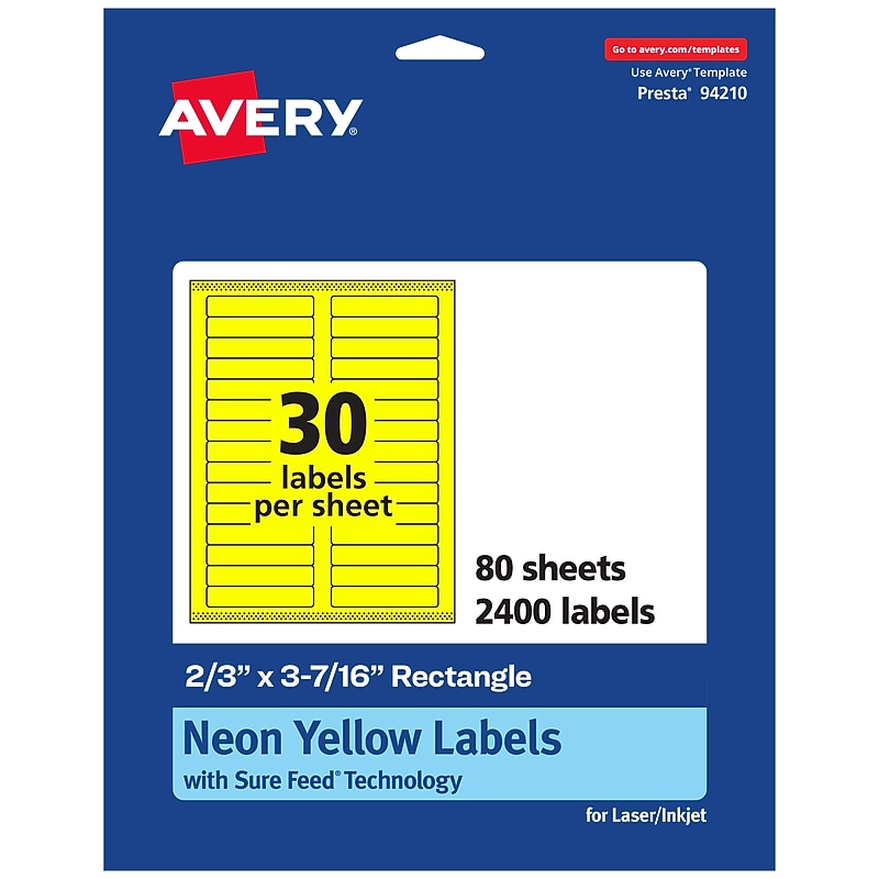 Avery Rectangle Laser/Inkjet Multipurpose Labels, 2/3" x 3-7/16", Neon Yellow (2400/Box) image 1