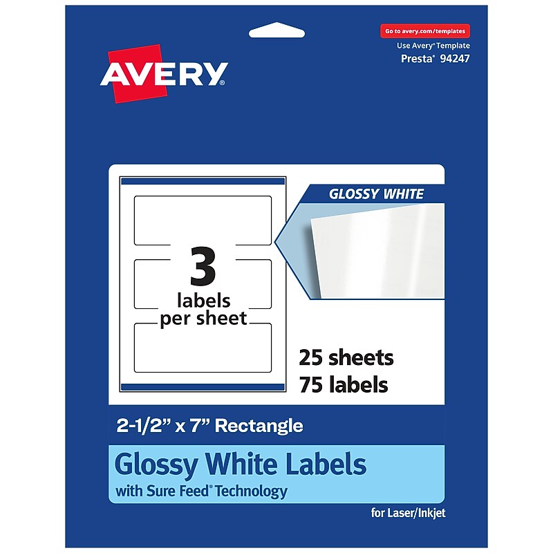 Avery Laser/Inkjet Multipurpose Rectangle Labels, 2.5" x 7", White, 75 Labels/Pack (94247) image 1