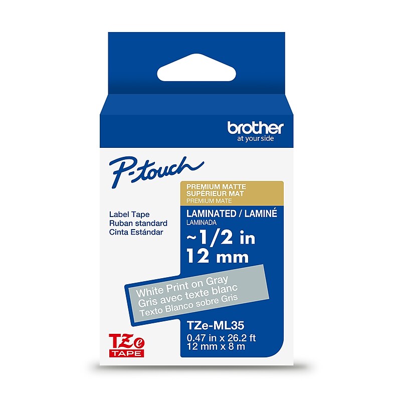 Brother P-touch Premium Matte Laminated Label Tape, ~1/2" x 26.2', White on Gray (TZeML35) image 1