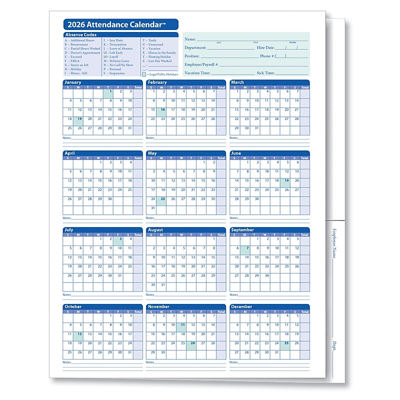 ComplyRight 2026 Attendance Calendar File Folder, 25 Forms/Pack (A3050) image 1
