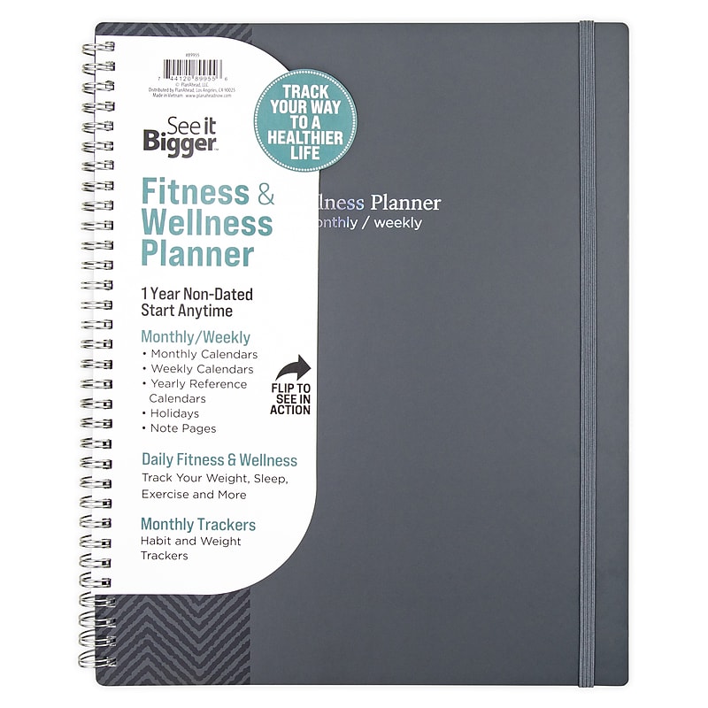 Undated See It Bigger 9.25" x 11.25" Undated Health & Wellness Planner, Paperboard Cover, Gray (89955) image 1