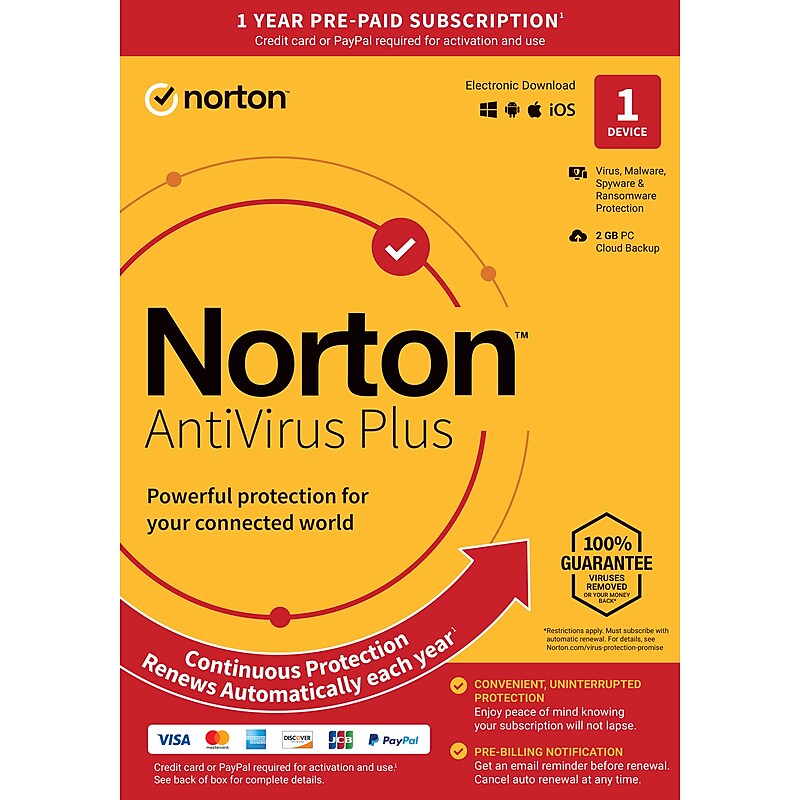 Norton AntiVirus Plus for 1 Device, Windows/Mac, Product Key Card (21389604) image 1