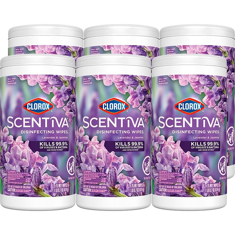 Clorox Scentiva Disinfecting Wipes, Tuscan Lavender & Jasmine Scent, 75 Wipes/Container, 6/Carton (60040CT) image 1