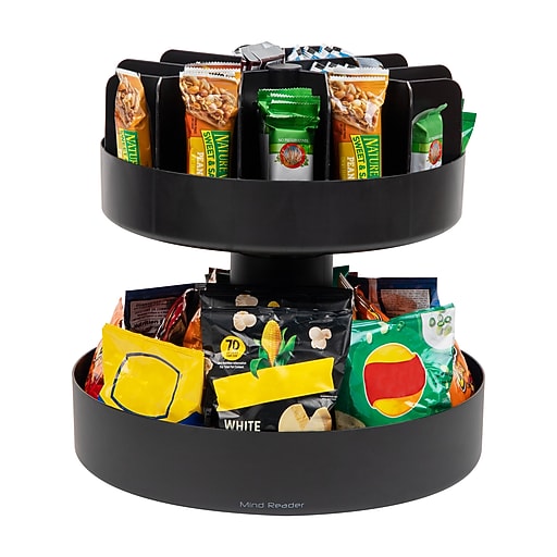 Mind Reader Plastic 2-Tier Snack Tray Carousel Countertop Organizer, Black (SNACKCAR-BLK)