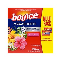 Bounce Mega Dryer Sheets, Paradise Blossom Scent, 130 Sheets/Pack