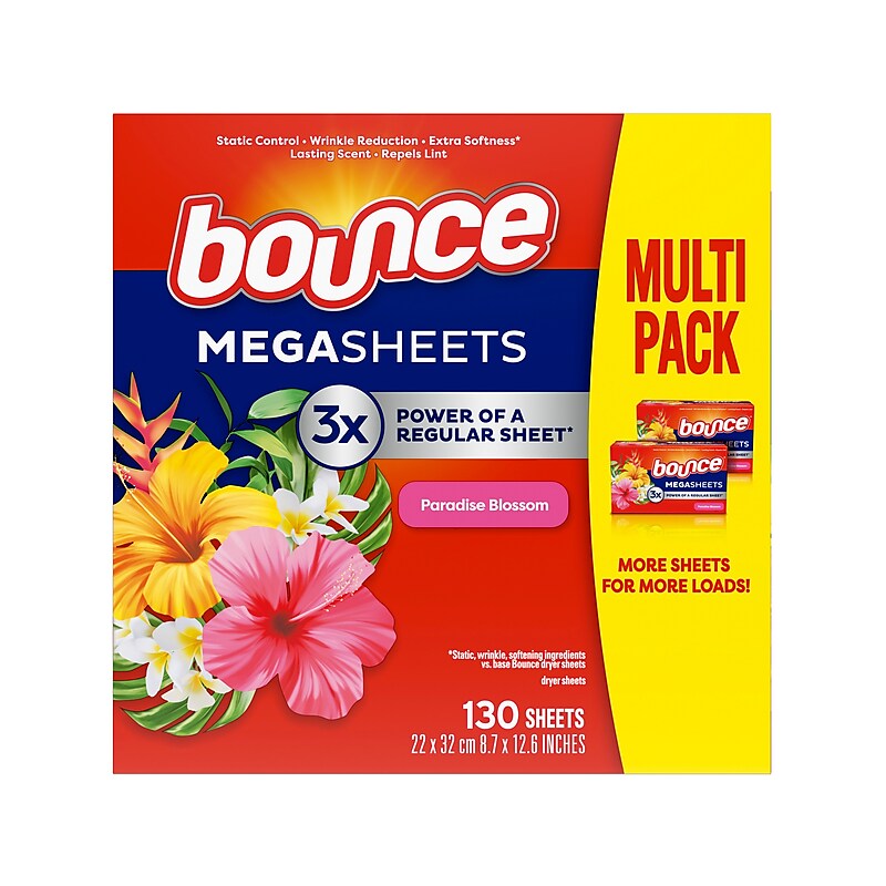 Bounce Mega Dryer Sheets, Paradise Blossom Scent, 130 Sheets/Pack (05151) image 1