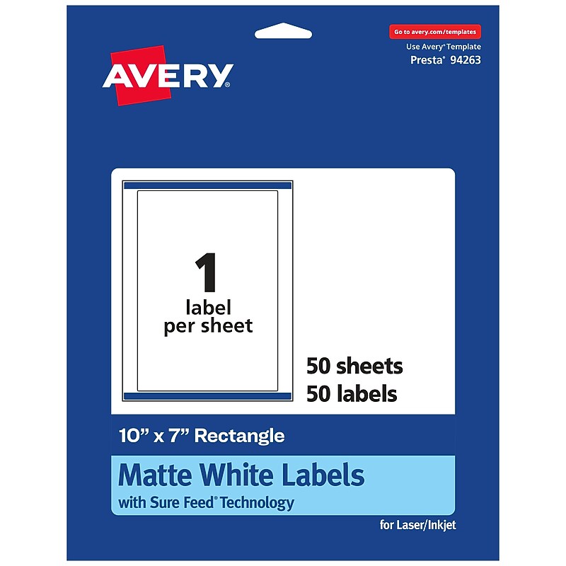 Avery Laser/Inkjet Multipurpose Labels, 7"  x 10", Matte White, 50/Box (94263) image 1