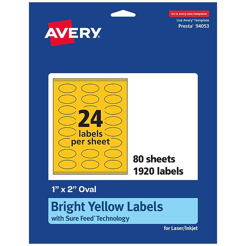 Avery Laser/Inkjet Oval Multipurpose Labels, 1" x 2", Bright Yellow, 1920/Box (94053) image 1