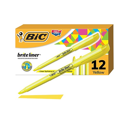 BIC Brite Liner Stick Highlighter, Chisel Tip, Yellow, Dozen (65550) Staples
