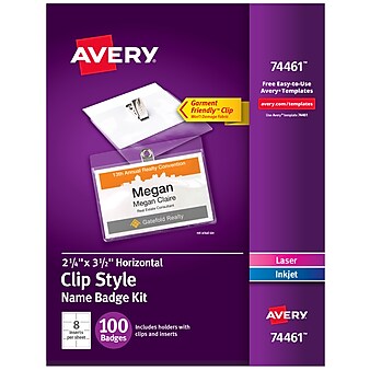 Avery Clip Style Name Badge Kit, Clear with White Inserts, 100/Box (74461)