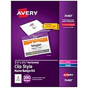 Avery Clip Style Name Badge Kit, Clear with White Inserts, 100/Box (74461)