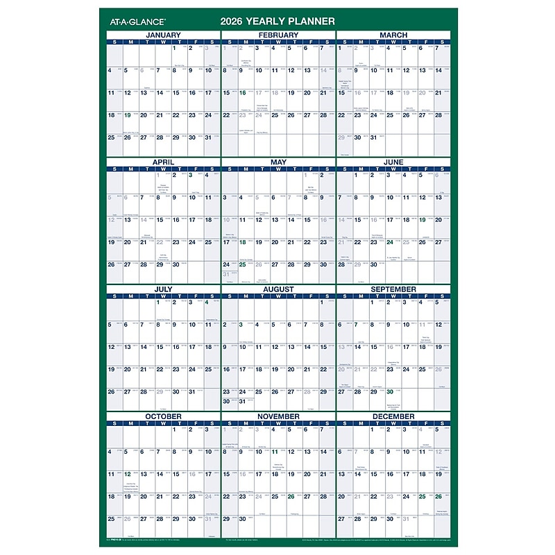 2026 AT-A-GLANCE 24" x 36" Yearly Dry Erase Wall Calendar, Reversible, White/Green (PM210-28-26) image 1