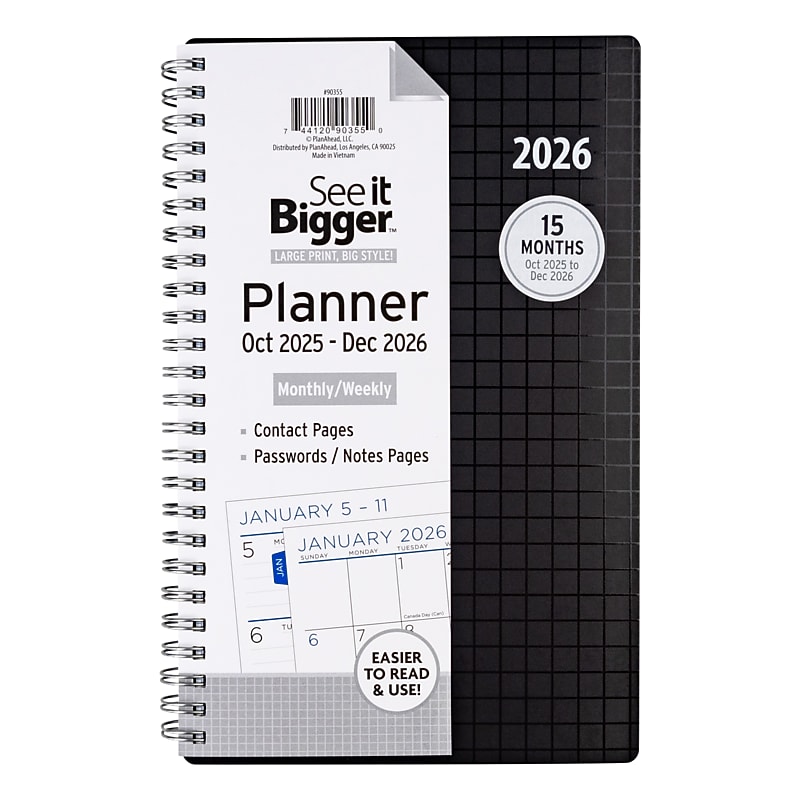 2025-2026 See It Bigger 0.75" x 5.75" Calendar Year Weekly & Monthly Planner, Paperboard Cover, Black Grid (90355) image 1