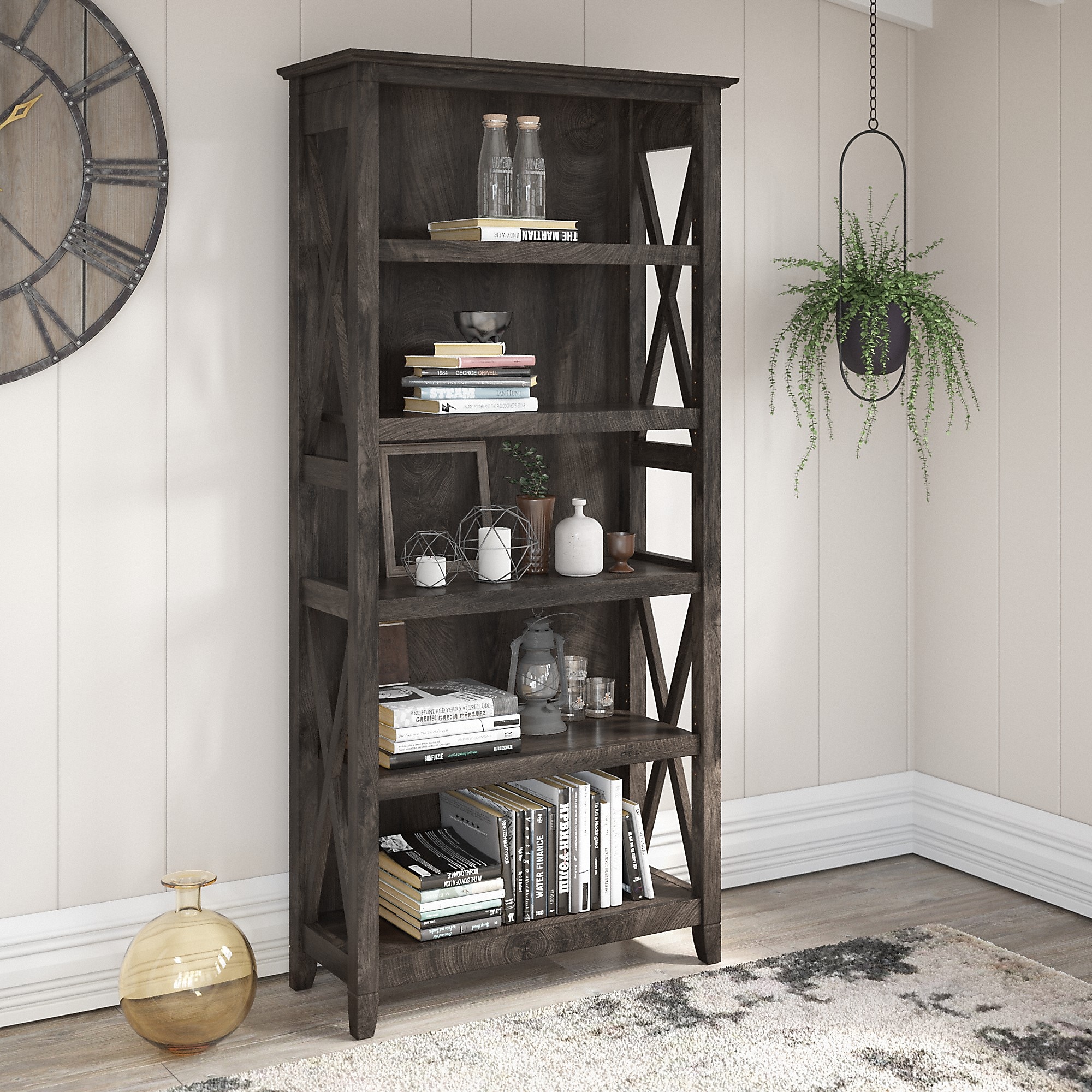 Bush Furniture Key West 66″H 5-Shelf Bookcase with Adjustable Shelves, Dark Gray Hickory Wood (KWB132GH-03) Sansujyuku sansujyuku.com