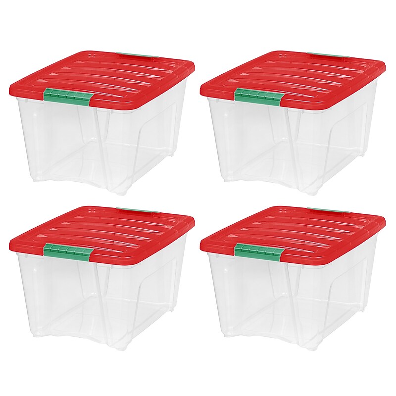 Iris Holiday Medium Stackable Plastic Storage Box, 10.5" x 14.4" x 18.5", 32 Qt., Clear/Red, 4/Pack (500532) image 1