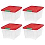 Iris Holiday Medium Stackable Plastic Storage Box, 10.5" x 14.4" x 18.5", 32 Qt., Clear/Red, 4/Pack (500532)~#|#~A416ED46-2CB3-4301-AA2213E251FA7445_sc7