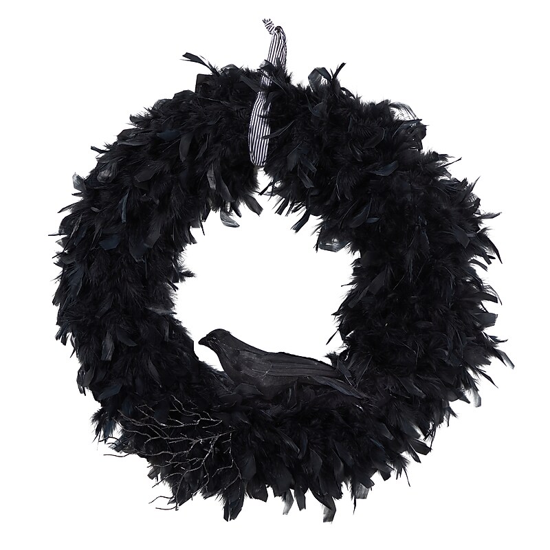 Nearly Natural Halloween Raven Feather Wreath, 30" (W1201) image 1