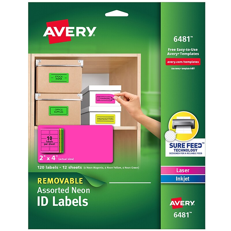 Avery Sure Feed Laser/Inkjet ID Labels, 2 x 4, Assorted Neon, 120 Labels/Pack (6481) image 1