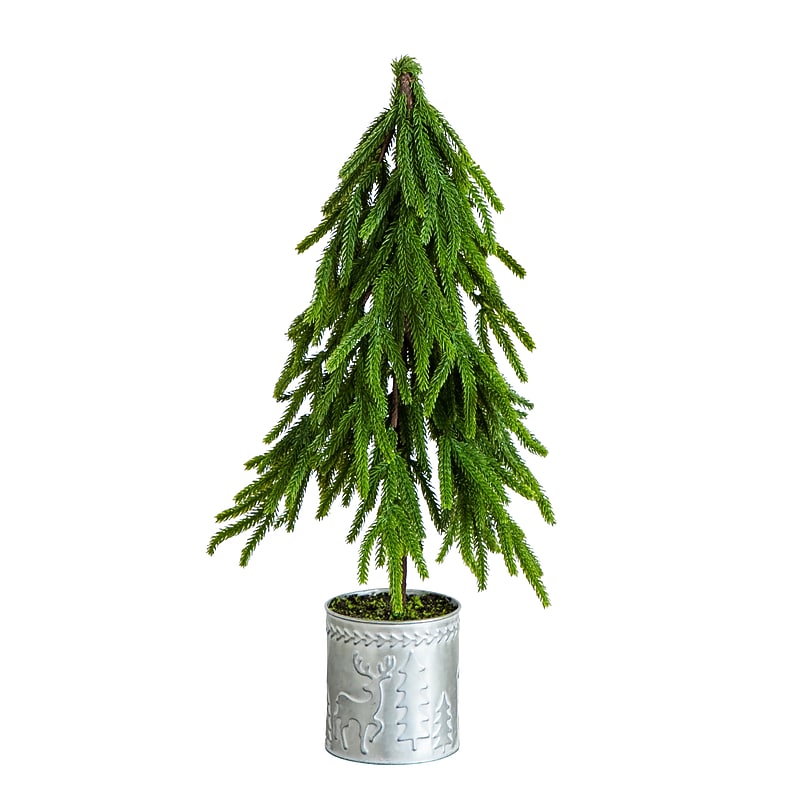 Nearly Natural Artificial Real Touch Down Swept Norfolk Island Pine in Christmas Tin Metal Planter, 20" (T5389) image 1