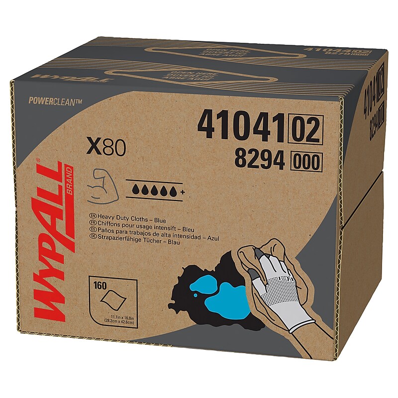 WypAll PowerClean X80 Fabric Cleaning Wipers, 16.8" x 12.5", Blue, 160 Wipers/Box, 160/Carton (41041) image 1