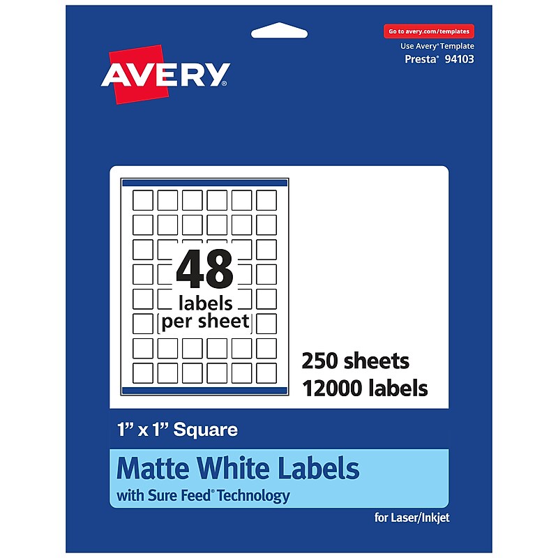 Avery Laser/Inkjet Square Multipurpose Labels, 1" x 1", White, 12000 Labels/Box (94103) image 1