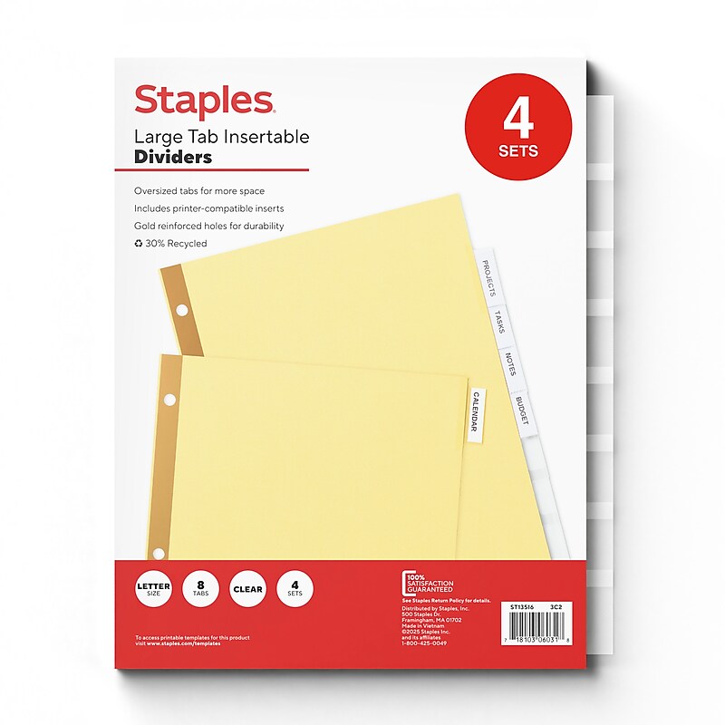 Staples Large Tab Insertable Paper Divider, Assorted Colors, 8-Tabs, 4 Sets (13516/14482) image 1
