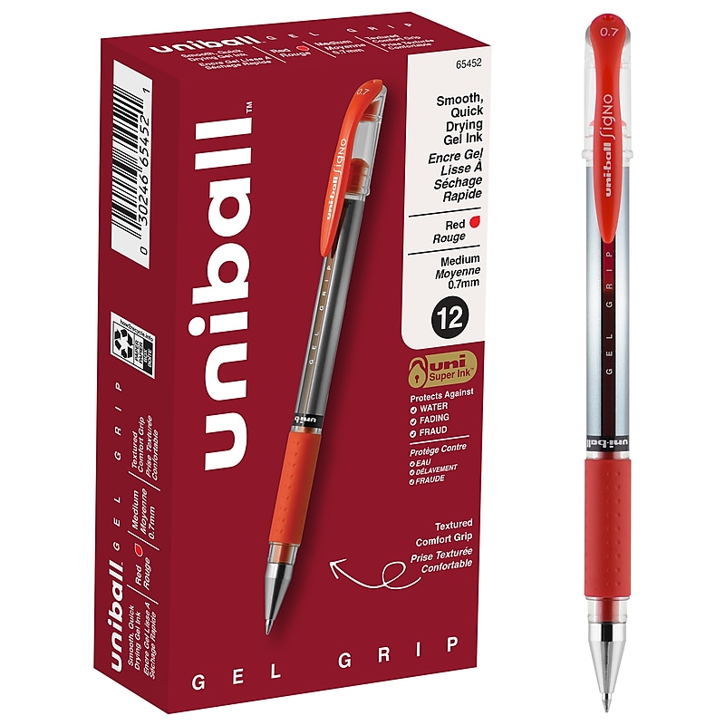 uni-ball Gel Grip Gel Pens, Medium Point, 0.7mm, Red Ink, 12/Pack (65452) image 1