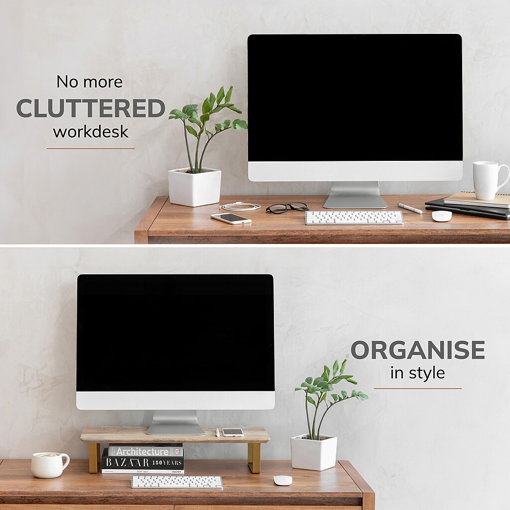 computer monitor on a wooden desk with plant and decor
