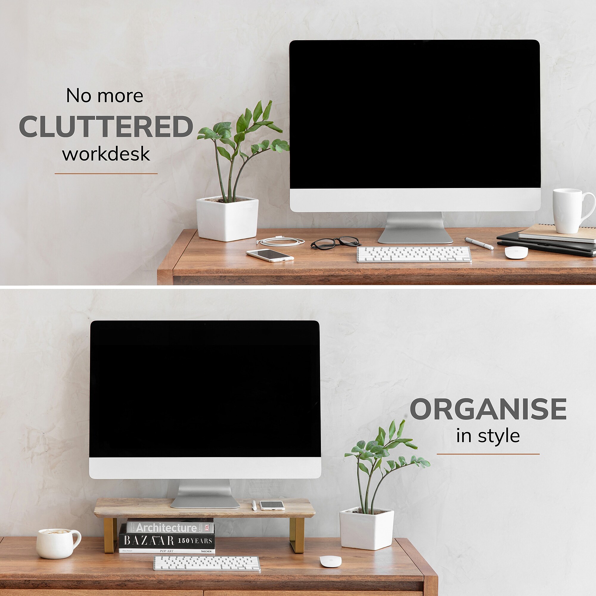 Anji Mountain Mango Wood & Metal Monitor Stand, Up to 32″ Monitor, Natural Wood and Gold (MS-MNG-06GLD) Sansujyuku sansujyuku.com