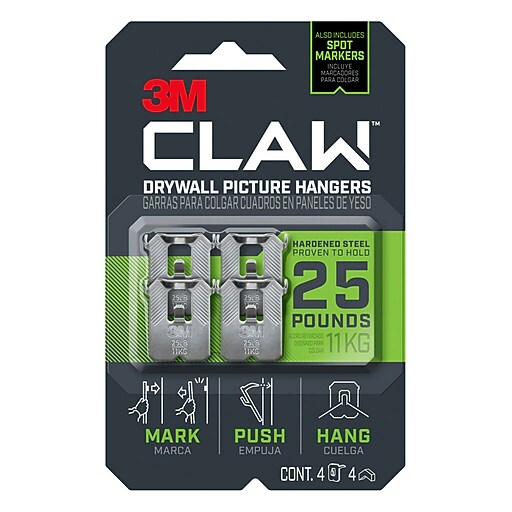 3M CLAW Large Picture Hanger, 25 lb., Silver, 4/Pack (3PH25M4ES)