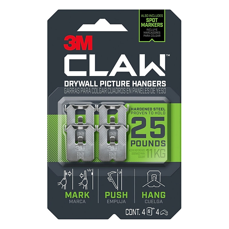 3M CLAW Drywall Hanger, 25 lbs., Silver, 4/Pack (3PH25M4ES) image 1