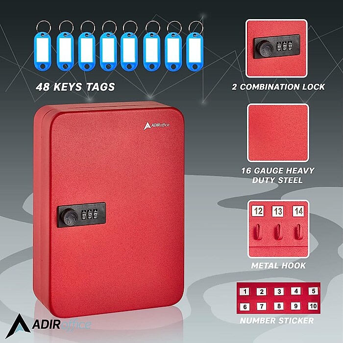 AdirOffice 48-Key Cabinet with Combination Lock and Key Tags, Red