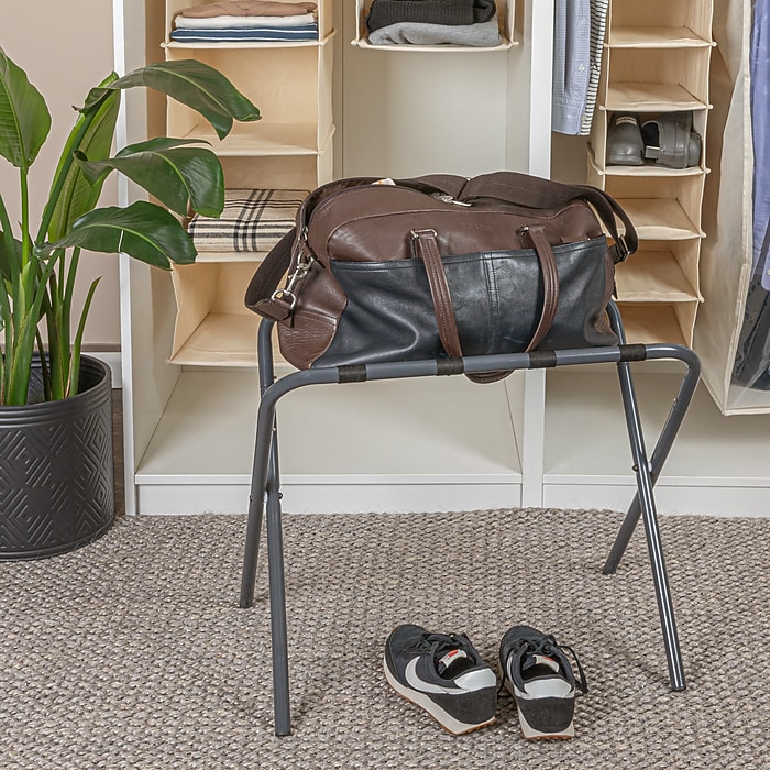 Household Essentials Luggage Rack, Grey Frame with Black Straps