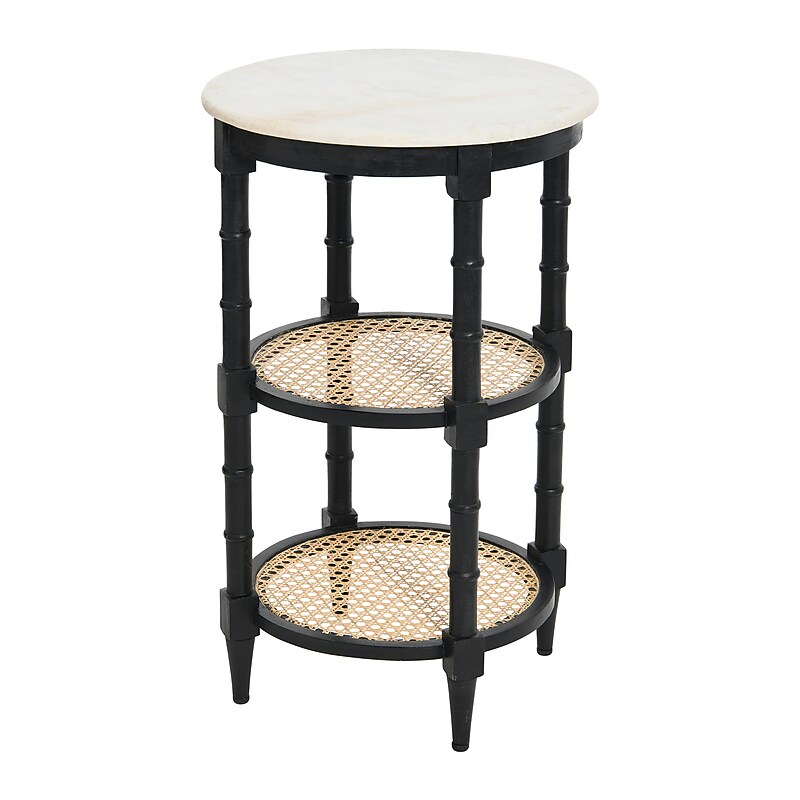 Storied Home 17.8"Dia. Marble Round End Table, 2 Shelves, White/Black/Natural (EC0835) image 1