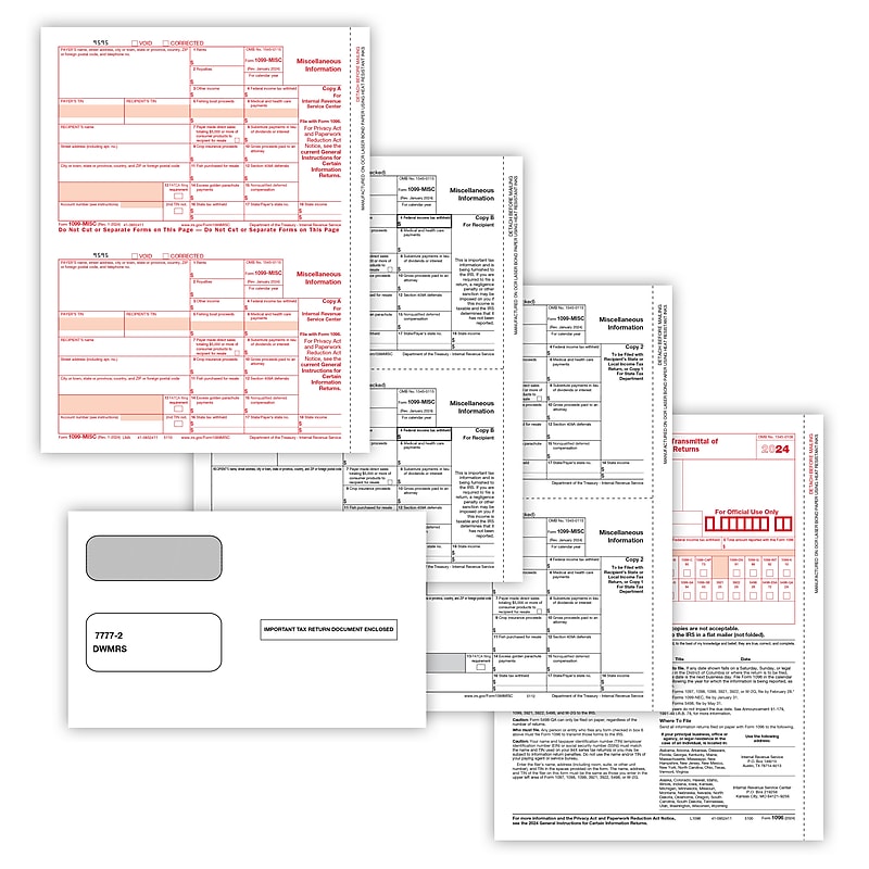 ComplyRight 2024 1099-MISC Tax Form Envelopes, 3-Part, 2-Up, Copy A, B, C/2, 1096 Transmittal, 25/Pack (6103E25) image 1
