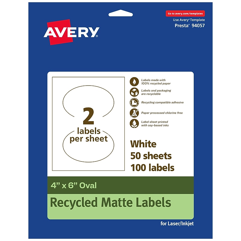 Avery EcoFriendly Laser/Inkjet Oval Multipurpose Labels, 4" x 6", White, 100/Box (94057) image 1